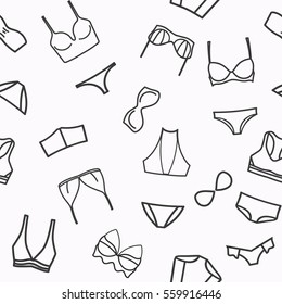 Seamless lingerie pattern. Vector bras and panties design. Women underwear background.
