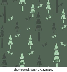 Seamless linocut green forest trees outdoor vector pattern. 