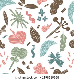 The seamless linocut style pattern with autumn leafs, tree, flowers and design elements. Hand drawn overlapping hygge scandinavian background. Textile, blog decoration, banner, poster, wrapping paper.