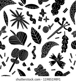 The seamless linocut style pattern with autumn leafs, tree, flowers and design elements. Hand drawn overlapping hygge scandinavian background. Textile, blog decoration, banner, poster, wrapping paper.