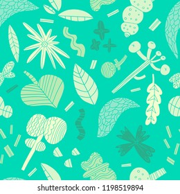 The seamless linocut style pattern with autumn leafs, tree, flowers and design elements. Hand drawn overlapping hygge scandinavian background. Textile, blog decoration, banner, poster, wrapping paper.