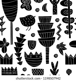 The seamless linocut style pattern with bird, tree, flowers and design elements. Hand drawn overlapping hygge scandinavian background. Textile, blog decoration, banner, poster, wrapping paper.