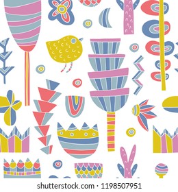 The seamless linocut style pattern with bird, tree, flowers and design elements. Hand drawn overlapping hygge scandinavian background. Textile, blog decoration, banner, poster, wrapping paper.