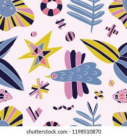 The seamless linocut style pattern with bird, tree, flowers and design elements. Hand drawn overlapping  scandinavian background. Textile, blog decoration, banner, poster, wrapping paper.