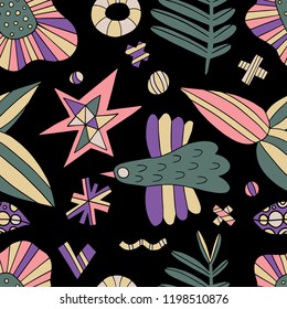 The seamless linocut style pattern with bird, tree, flowers and design elements. Hand drawn overlapping  scandinavian background. Textile, blog decoration, banner, poster, wrapping paper.