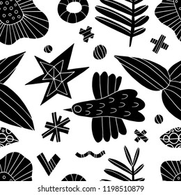 The seamless linocut style pattern with bird, tree, flowers and design elements. Hand drawn overlapping  scandinavian background. Textile, blog decoration, banner, poster, wrapping paper.