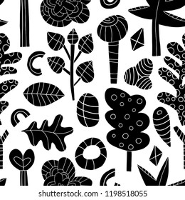 The seamless linocut style pattern with forest, tree, flowers and design elements. Hand drawn overlapping hygge scandinavian background. Textile, blog decoration, banner, poster, wrapping paper.
