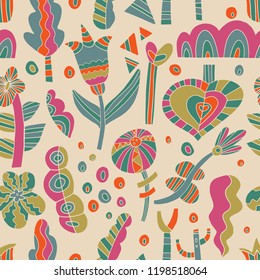 The seamless linocut style pattern with forest, tree, flowers and design elements. Hand drawn overlapping hygge scandinavian background. Textile, blog decoration, banner, poster, wrapping paper.
