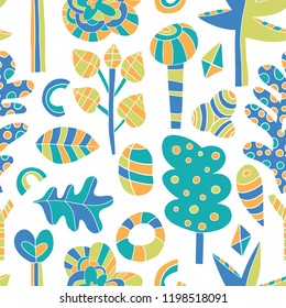 The seamless linocut style pattern with forest, tree, flowers and design elements. Hand drawn overlapping hygge scandinavian background. Textile, blog decoration, banner, poster, wrapping paper.
