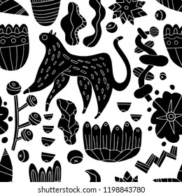 The seamless linocut technic colorful pattern with leopard in jungle. Hand drawn exotic illustration. Textile, blog decoration, banner, poster, wrapping paper.