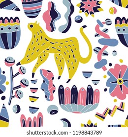 The seamless linocut technic colorful pattern with leopard in jungle. Hand drawn exotic illustration. Textile, blog decoration, banner, poster, wrapping paper.