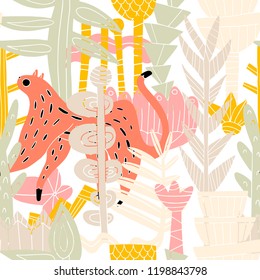 The seamless linocut technic colorful pattern with leopard in jungle. Hand drawn exotic illustration. Textile, blog decoration, banner, poster, wrapping paper.
