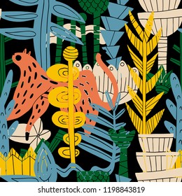 The seamless linocut technic colorful pattern with leopard in jungle. Hand drawn exotic illustration. Textile, blog decoration, banner, poster, wrapping paper.