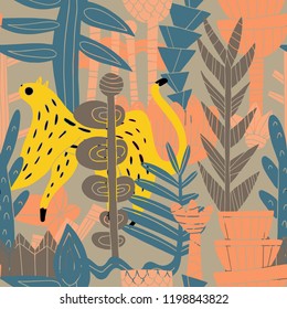 The seamless linocut technic colorful pattern with leopard in jungle. Hand drawn exotic illustration. Textile, blog decoration, banner, poster, wrapping paper.