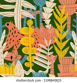 The seamless linocut technic colorful pattern with leopard in jungle. Hand drawn exotic illustration. Textile, blog decoration, banner, poster, wrapping paper.