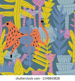 The seamless linocut technic colorful pattern with leopard in jungle. Hand drawn exotic illustration. Textile, blog decoration, banner, poster, wrapping paper.