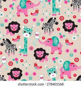 Seamless lion zebra elephant and monkey jungle animals kids illustration background pattern in vector