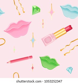 Seamless Lip Makeup Pattern. Lip patches, pomade, lip pencil, sequins and
diamonds illustration