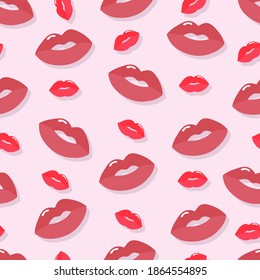 Patrón de labios sin brillo sobre fondo rosado. Ilustración del vector de labios y boca. Patrón de papel de envoltura, carteles, postales, fondos. Día de San Valentín