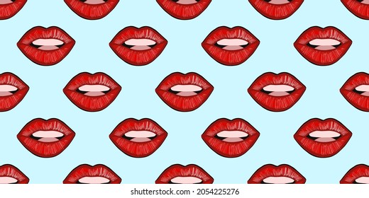 SEAMLESS LIP PATTERN. Pop art pattern. America of the 60s. Bright stylish ornament with lips. Vector design for printing on fabric and textile, wrapping paper. Wallpaper for walls.