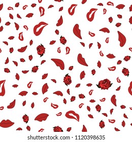 seamless lip pattern and red roses cosmetics
