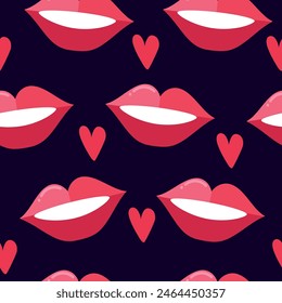 Seamless lips and hearts vector pattern background texture