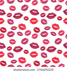 Seamless lips pattern featuring scattered red, crimson, hot pink, and magenta kiss marks and lip shapes in various sizes on a white background. Bold and romantic design perfect for Valentine's Day, beauty branding, fashion accessories, cosmetics packaging, and feminine stationery.