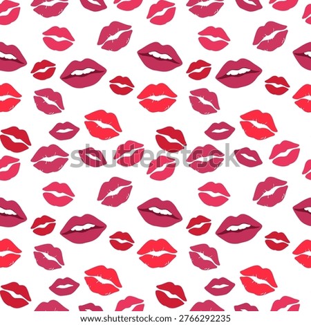 Seamless lips pattern featuring scattered red, crimson, hot pink, and magenta kiss marks and lip shapes in various sizes on a white background. Bold and romantic design perfect for Valentine's Day, beauty branding, fashion accessories, cosmetics packaging, and feminine stationery.
