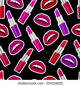 Seamless lipstick and lips pattern. Vector illustration.