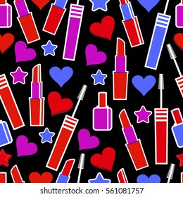 Seamless lipstick, mascara for eyes and lips pattern. Vector illustration.