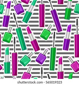 Seamless lipstick, mascara for eyes and lips pattern. Vector illustration.