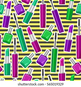 Seamless lipstick, mascara for eyes and lips pattern. Vector illustration.