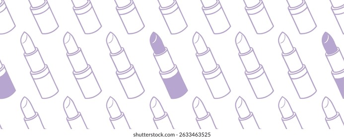 Padrão de batom sem costura em tons roxos suaves, ideal para temas de beleza, moda e design cosmético. Perfeito para marca, embalagem e produtos visuais femininos. Plano de fundo da arte vetorial.