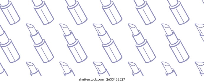 Seamless lipstick pattern in soft purple tones, ideal for beauty, fashion, and cosmetic design themes. Perfect for branding, packaging, and feminine product visuals. Vector line art background.