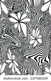 Seamless liquid marble with flowers texture pattern. Black and White. Trendy for textiles, fashion and interior. Repeat pattern