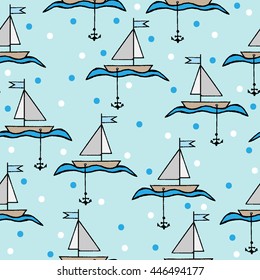 Seamless with little boat with a flag, anchor and waves isolated on the blue background