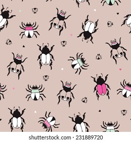 Seamless little bugs insects and beetle creepy creature illustration background pattern in vector