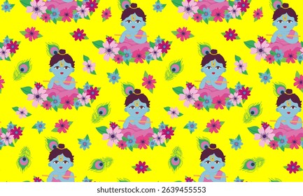 seamless little krishna pattern with flowers and peacock feathers on bright yellow background janmashtami festival for cards celebration wallpaper web design