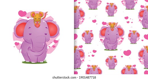 The seamless of the little mouse is holding a small love on the forehead of the elephant of illustration