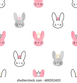 Seamless little princess bunny pattern. Vector background with cute rabbits for girls design.