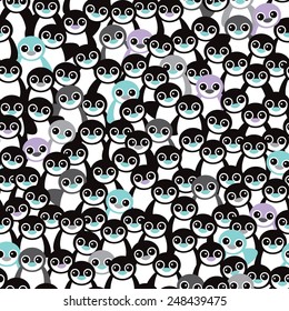 Seamless little retro black and white penguins adorable kids illustration background pattern in vector