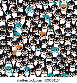 Seamless little retro black and white orange and blue penguins adorable kids illustration background pattern in vector