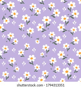 Seamless Of Little White Flower Field On Purple Background Vector. Cute Floral Pattern.