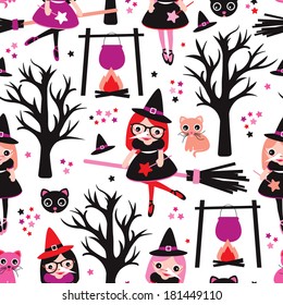 Seamless little witch girl kids illustration fantasy land background pattern in vector