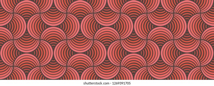 Seamless Living Coral Striped Petals Gray Background Vector Pattern