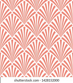 Seamless living coral and white luxury art deco peacock textile pattern. Pink Wallpaper