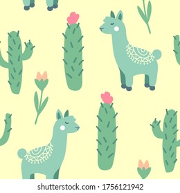 Seamless Llama Animal And Cactus Flowers Pattern, Vector Illustration EPS 10.