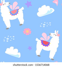 Seamless Llama pattern and alpaca white vector illustration, cute cartoon hand drawn clouds and design for baby nursery design, poster, birthday greeting card