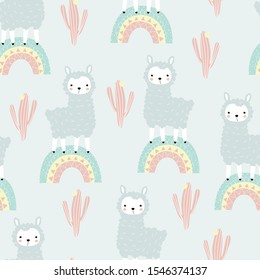 Seamless llama pattern with flowering cacti on rainbow. Vector illustration for printing on fabric, postcard, wrapping paper, book, picture, Wallpaper. Cute baby background.