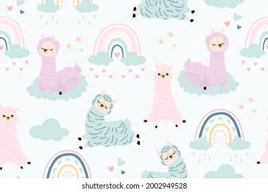 Nahtlose Lamas-Vektormuster mit Regenbögen und Wolken auf blauem Hintergrund. Cute Cartoon Persönlichkeit Lama. Kindergartendruckzeug. Alpaca Nahtloses Muster. Kinder, Textilien, Bildschirmhintergründe